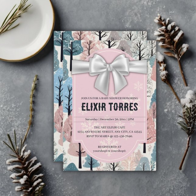 Invitation Baby Shower Ruban Blanc Forêt d'Hiver Flocons de N (Créateur téléchargé)