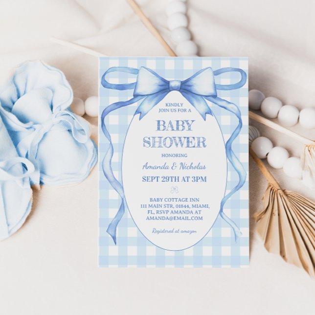 Invitation Baby Shower Ruban Bleu Gingham Garçon  (Créateur téléchargé)