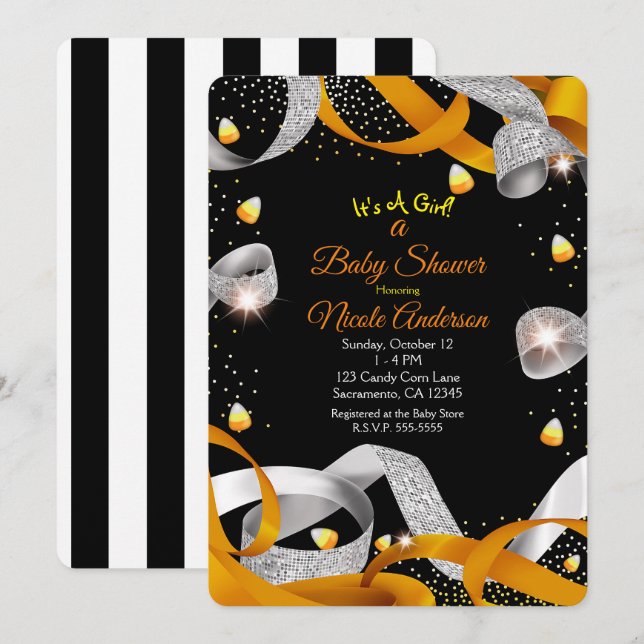 Invitation Baby Shower Ruban d'Halloween et Maïs de Bonbon (Devant / Derrière)