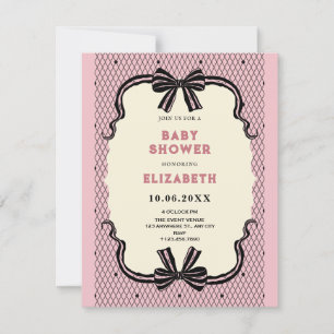 Invitation Baby shower ruban rétro noir rose