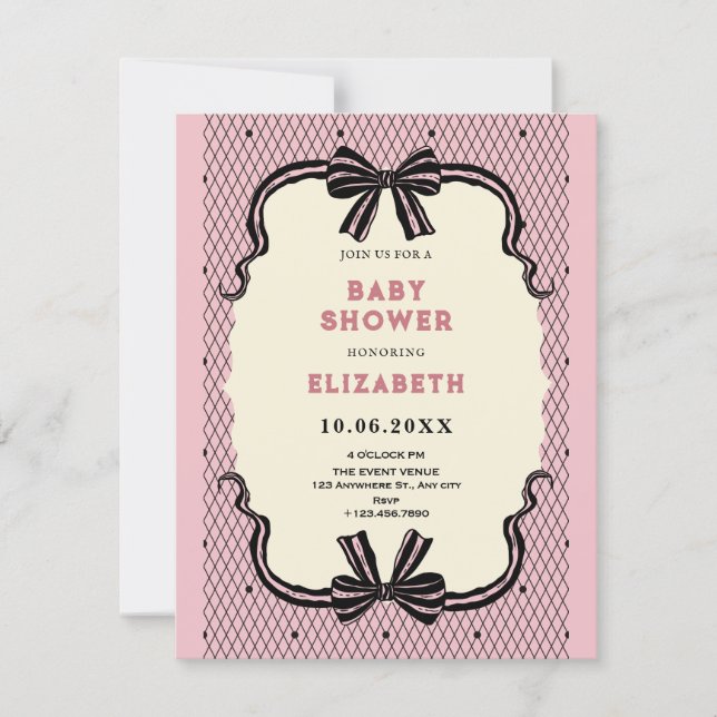Invitation Baby shower ruban rétro noir rose (Devant)