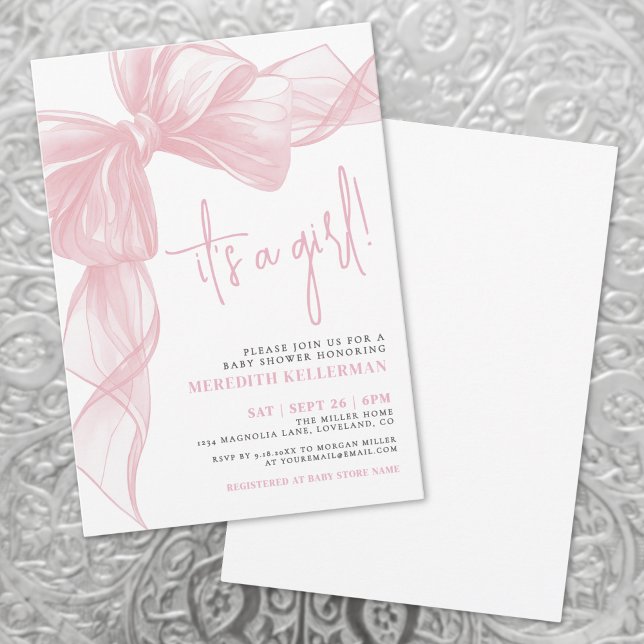 Invitation Baby Shower Ruban Rose (Modern Pink Bow Baby Shower Invitation)