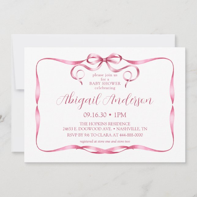 Invitation Baby Shower Ruban Rose Aquarelle (Devant)