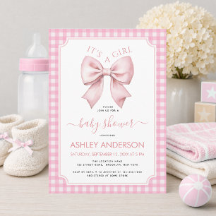 Invitation Baby Shower Ruban Rose Gingham à Carreaux C'est un