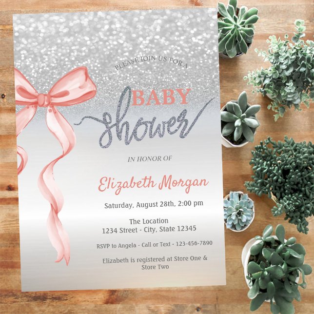 Invitation Baby Shower Ruban Rose Pailleté Argent (Créateur téléchargé)