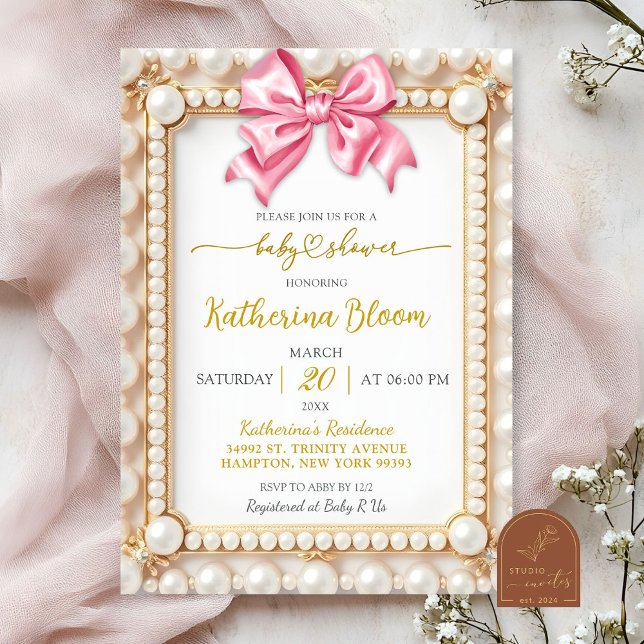 Invitation Baby Shower Ruban Rose Perle (Créateur téléchargé)