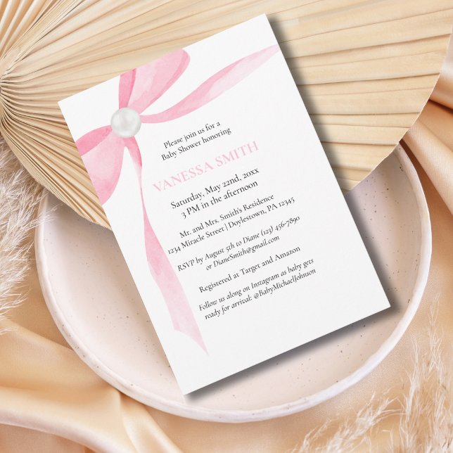 Invitation Baby Shower Ruban Rose Perle Blanche Bébé Fille Mo (Créateur téléchargé)