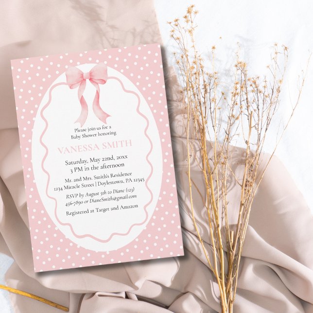 Invitation Baby Shower Ruban Rose Points Bébé Fille Moderne (Créateur téléchargé)