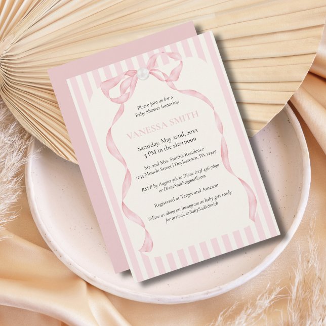 Invitation Baby Shower Ruban Rose Rayures Bébé Fille Moderne (Créateur téléchargé)