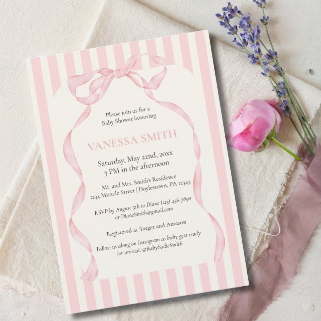 Invitation Baby Shower Ruban Rose Rayures Bébé Fille Moderne (Créateur téléchargé)