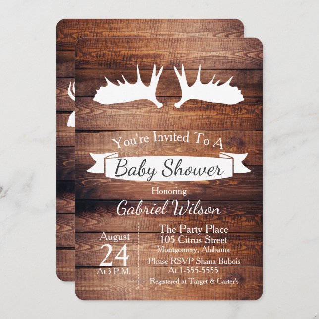 Invitation Baby shower Russe Barn Wood et Moose Antler (Devant / Derrière)
