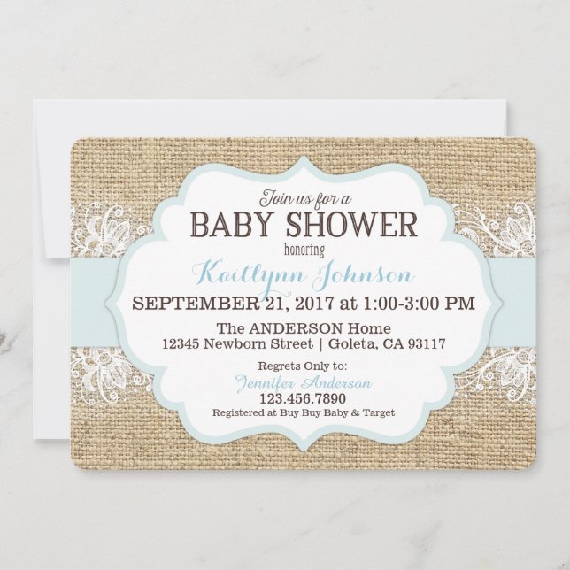 Invitation Baby shower Russe Burlap moderne Lace Blue Boy (Devant)