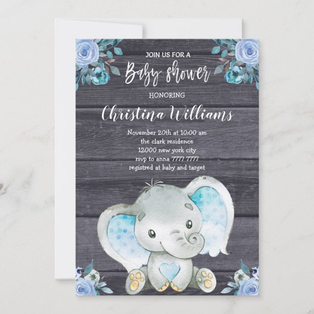 Invitation Baby shower russe éléphant bleu floral garçon (Devant)