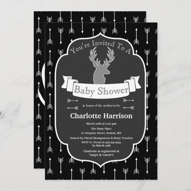 Invitation Baby shower russe moderne de cerfs noirs et blancs (Devant / Derrière)