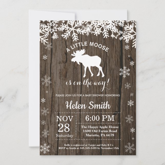 Invitation Baby shower Russe Moose Winter Snowflake (Devant)