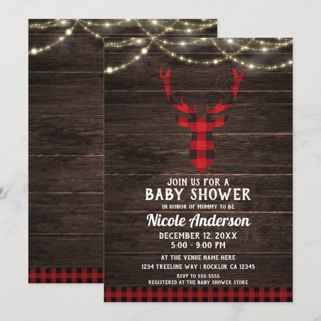 Invitation Baby shower Russe Plaid Deer Antlers Wood Lights (Devant / Derrière)