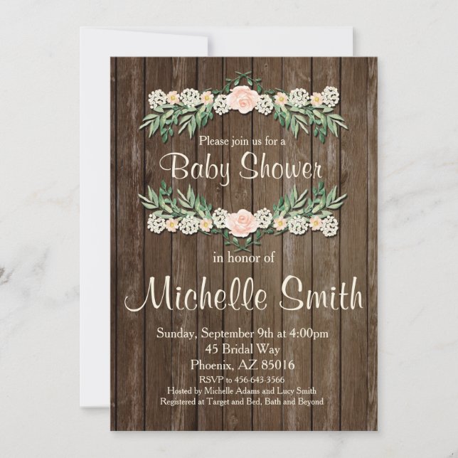 Invitation Baby shower russe, Rose, floral (Devant)