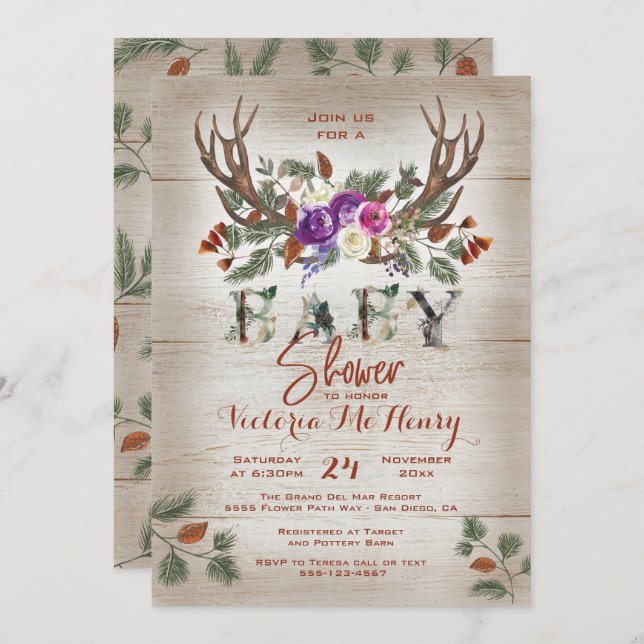 Invitation Baby shower Rustic Antlers & Pine Branches (Devant / Derrière)