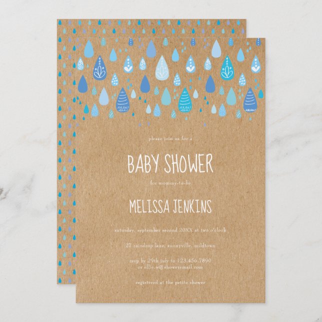 Invitation Baby shower Rustic Baby Blue Raindrops / Saupoudra (Devant / Derrière)