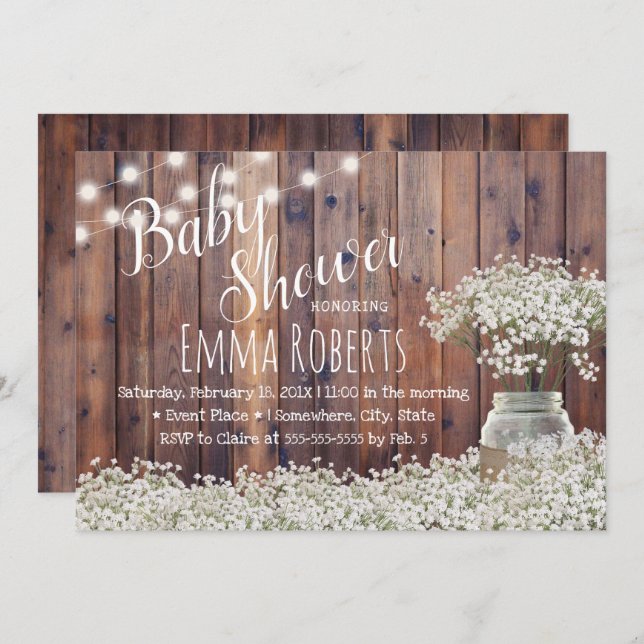 Invitation Baby shower Rustic Baby's Breath String Lumières (Devant / Derrière)
