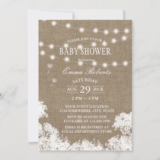 Invitation Baby shower Rustic Baby's Breath String Lumières (Devant)