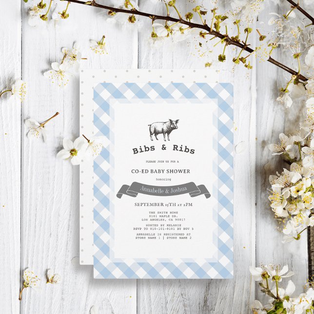 Invitation Baby shower Rustic Blue En vichy Co-Ed Bibs & Ribs (Créateur téléchargé)