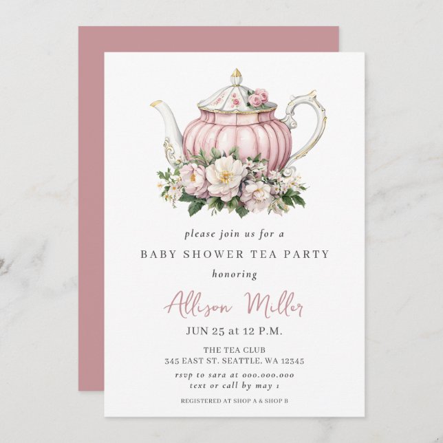 Invitation Baby shower Rustic Blush Rose Gold Tea Party (Devant / Derrière)