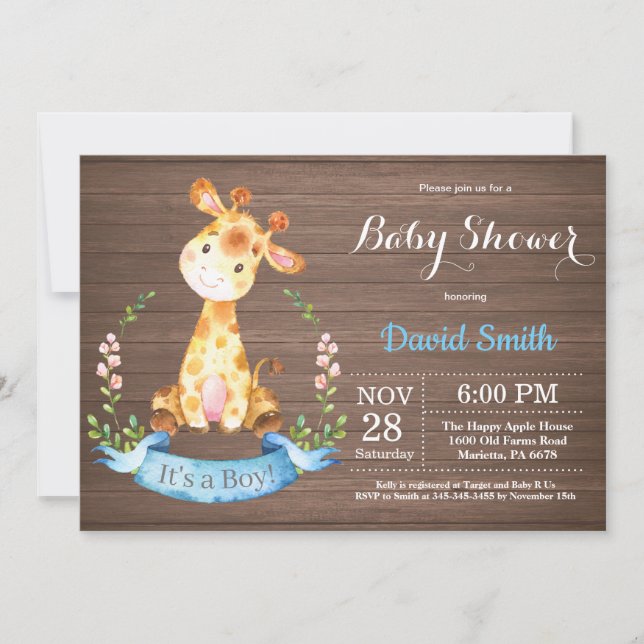 Invitation Baby shower Rustic Boy Giraffe (Devant)