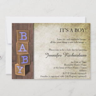 Invitation Baby shower Rustic Country Blue Blocks