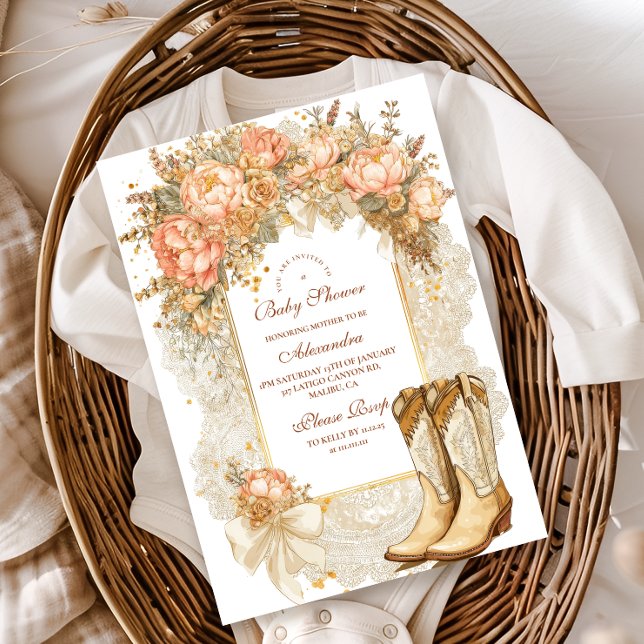 Invitation Baby shower Rustic Country Peony Boots (Créateur téléchargé)