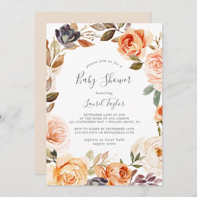 Invitation Baby shower Rustic Earth Florals (Devant / Derrière)