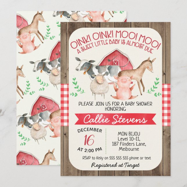 Invitation Baby shower Rustic Farm Animals (Devant / Derrière)
