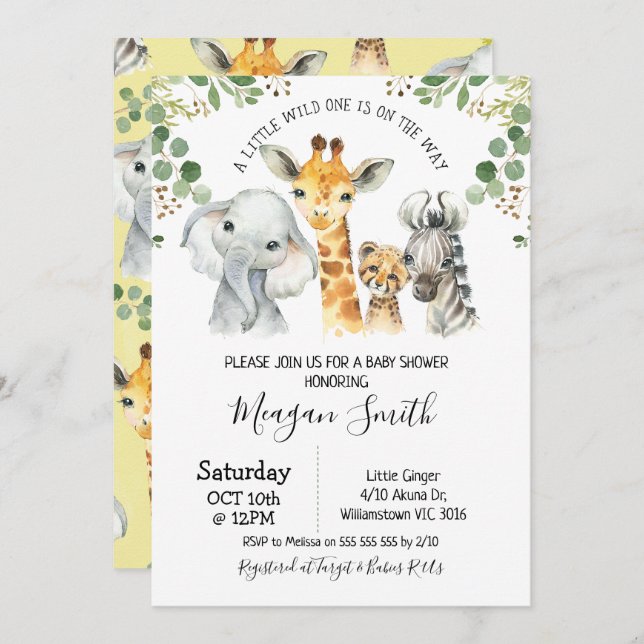 Invitation Baby shower Rustic Foliage Safari Animaux (Devant / Derrière)
