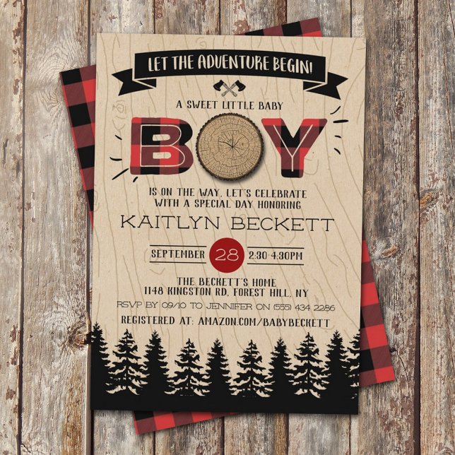 Invitation Baby shower Rustic Forest Plaid Lumberjack Boys (Créateur téléchargé)