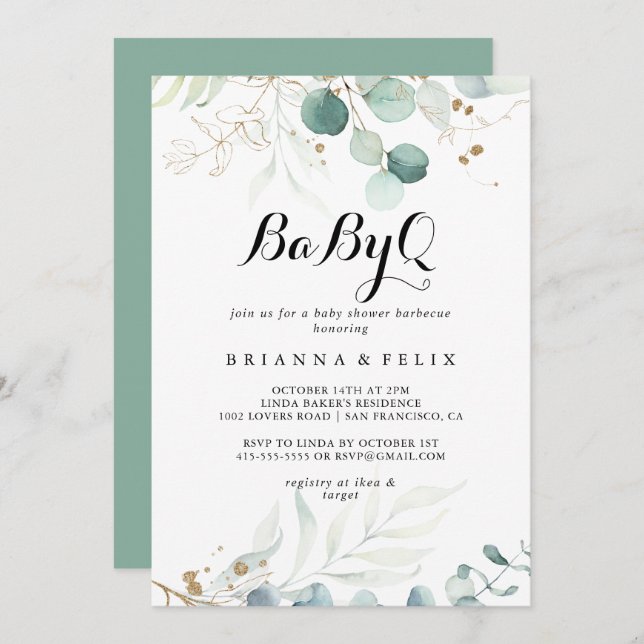 Invitation Baby shower Rustic Gold Floral BabyQ Barbecue (Devant / Derrière)