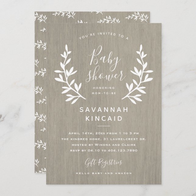 Invitation Baby shower Rustic Laurels (Devant / Derrière)