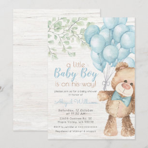 Invitation Baby shower Rustique Aquarelle Bleu Ours Garçon