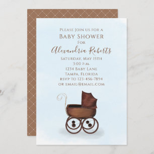 Invitation Baby shower Rustique Aquarelle Boy Blue Carriage