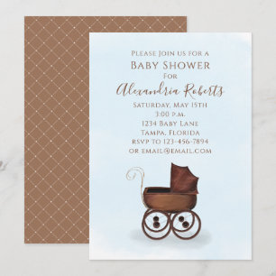 Invitation Baby Shower Rustique Aquarelle Garçon Bleu Carross