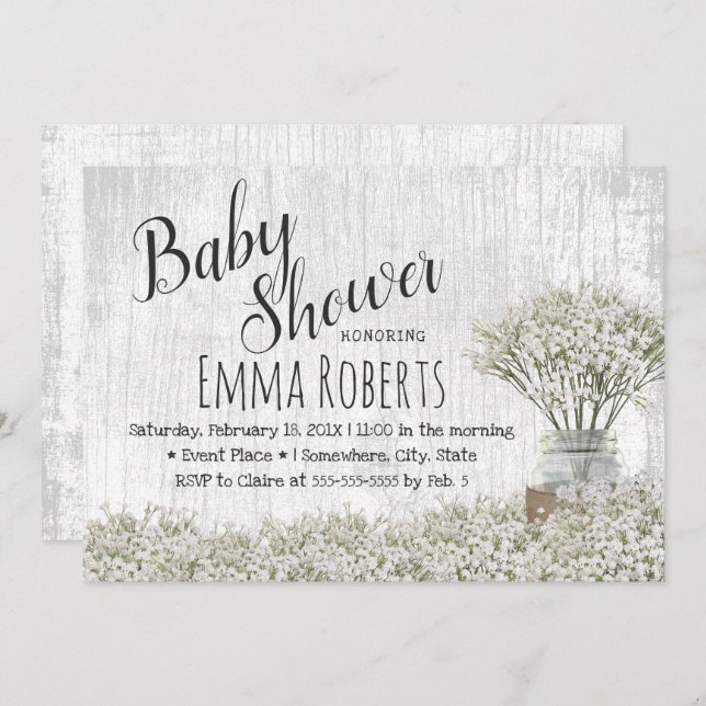 Invitation Baby shower rustique Bébé's Breath Mason Jar Flora (Devant / Derrière)