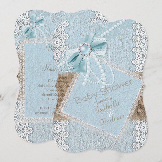 Invitation Baby Shower Rustique Bleu Ruban Perle Dentelle Bur (Devant / Derrière)