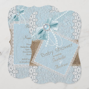 Invitation Baby Shower Rustique Bleu Ruban Perle Dentelle Bur
