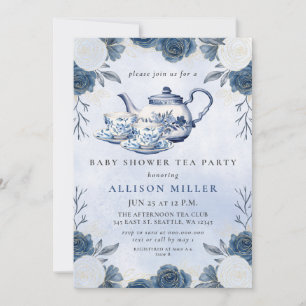 Invitation Baby shower Rustique Blue Chinoiserie Tea Party