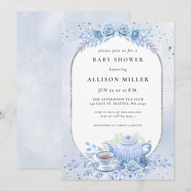 Invitation Baby shower Rustique Blue Floral Tea Party (Devant / Derrière)