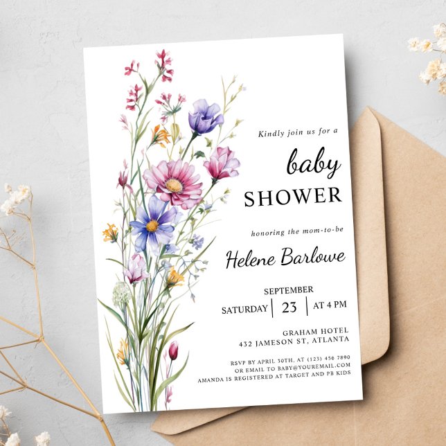 Invitation Baby Shower Rustique Bohème Fleurie Garçon Fille F (Rustic Boho Floral Boy Girl Wildflower Baby Shower Invitation)