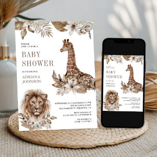Invitation Baby Shower Rustique Bohème Safari Lion et Girafe