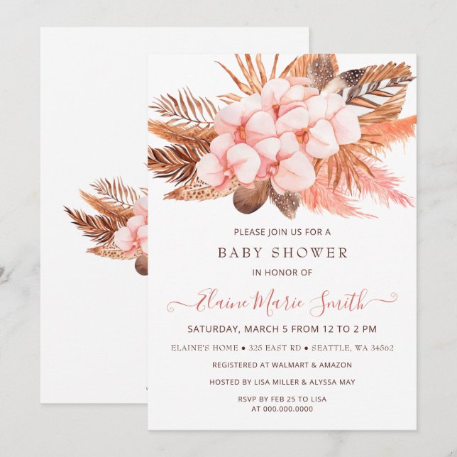 Invitation Baby shower Rustique Boho Blush Pampas Grass Girl (Devant / Derrière)