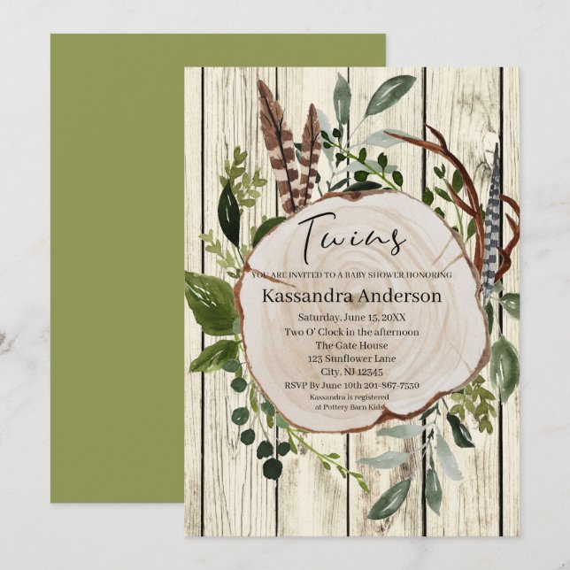 Invitation Baby shower rustique Boho Green Twins (Devant / Derrière)