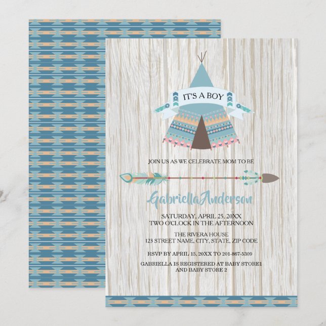 Invitation Baby shower rustique Boho Tribal Teepee Baby Boy (Devant / Derrière)