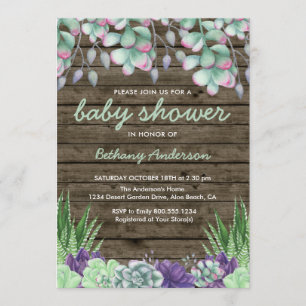 Invitation Baby Shower Rustique Bois et Succulents Aquarelle